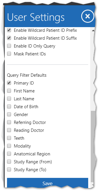 User Settings Query Settings Defaults